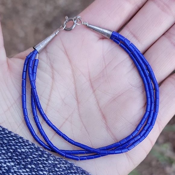 Native American handmade hand strung stabilized lapis lazuli three strand sterli - Picture 2 of 16